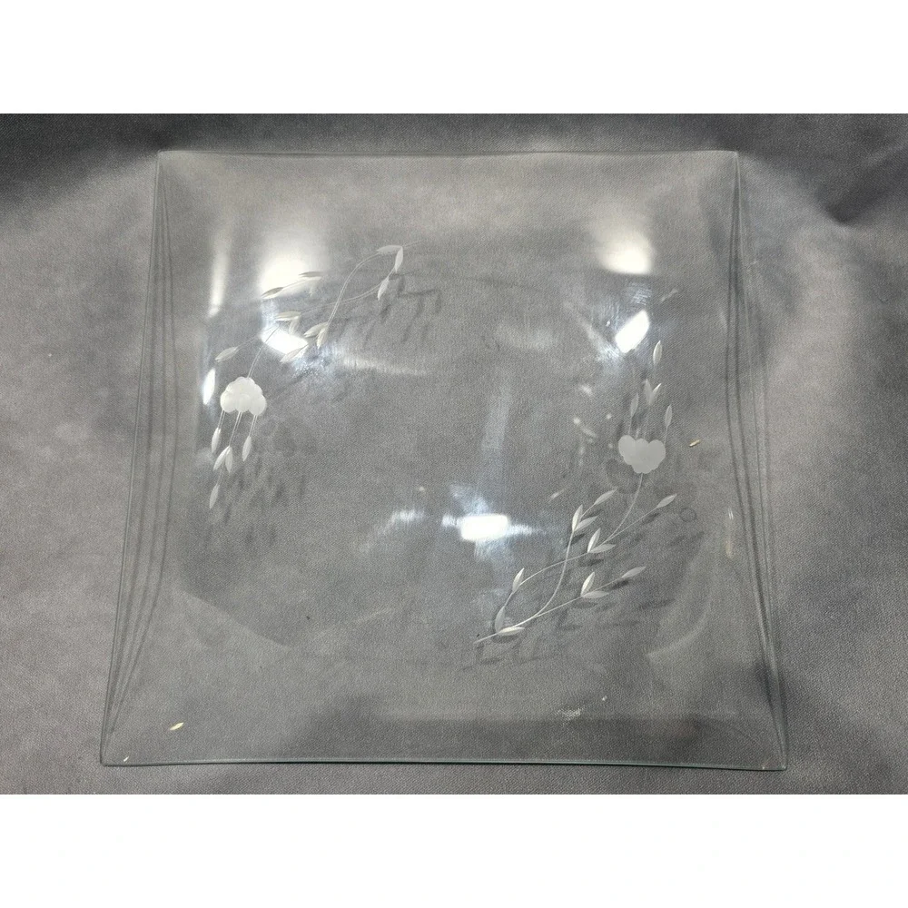 Princess House Heritage Crystal Square Platter 12in Etched Floral Tray #106